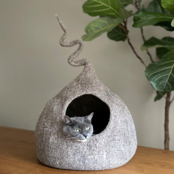 Cat Beige Curly Tail Brown Cat Cave Large Wool Cat Cave Felted Wool